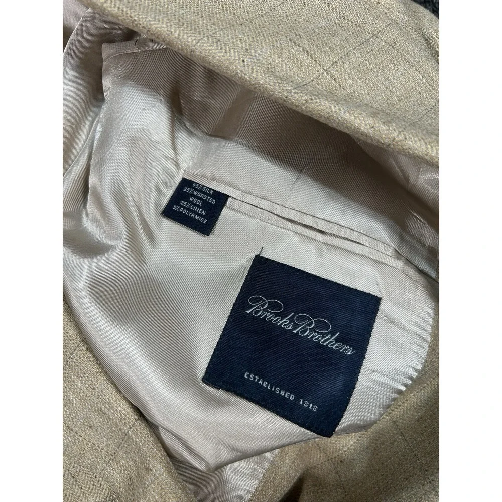 Vintage Brooks Brothers Blazer Men 43R Beige Windowpane Worsted Wool‎ Silk Linen